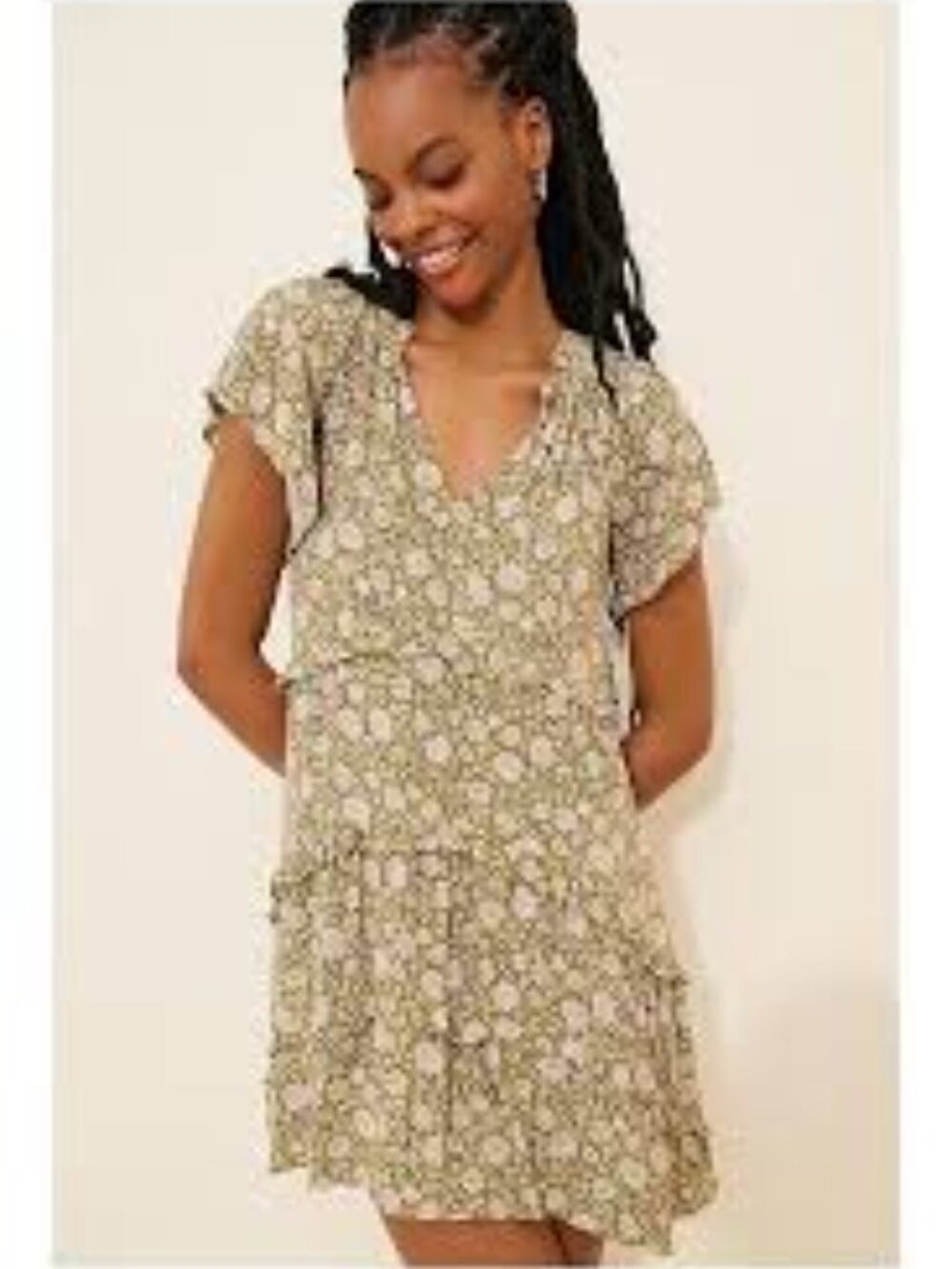 Anthropologie Green Floral V-Neck Tiered Mini Dress